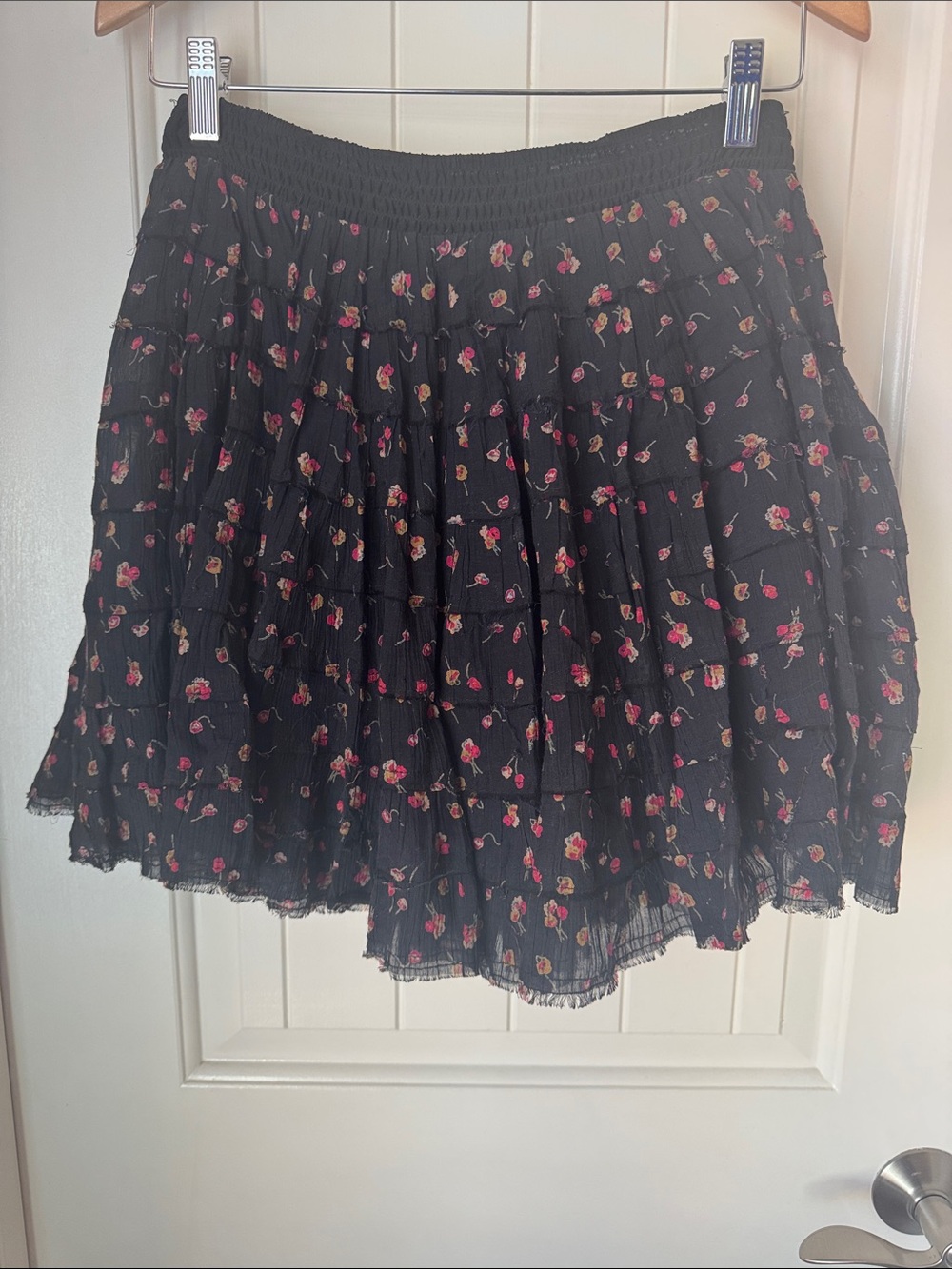 Free People Black Mini tiered ruffles Skirt with Pink & Red Rose Floral Print